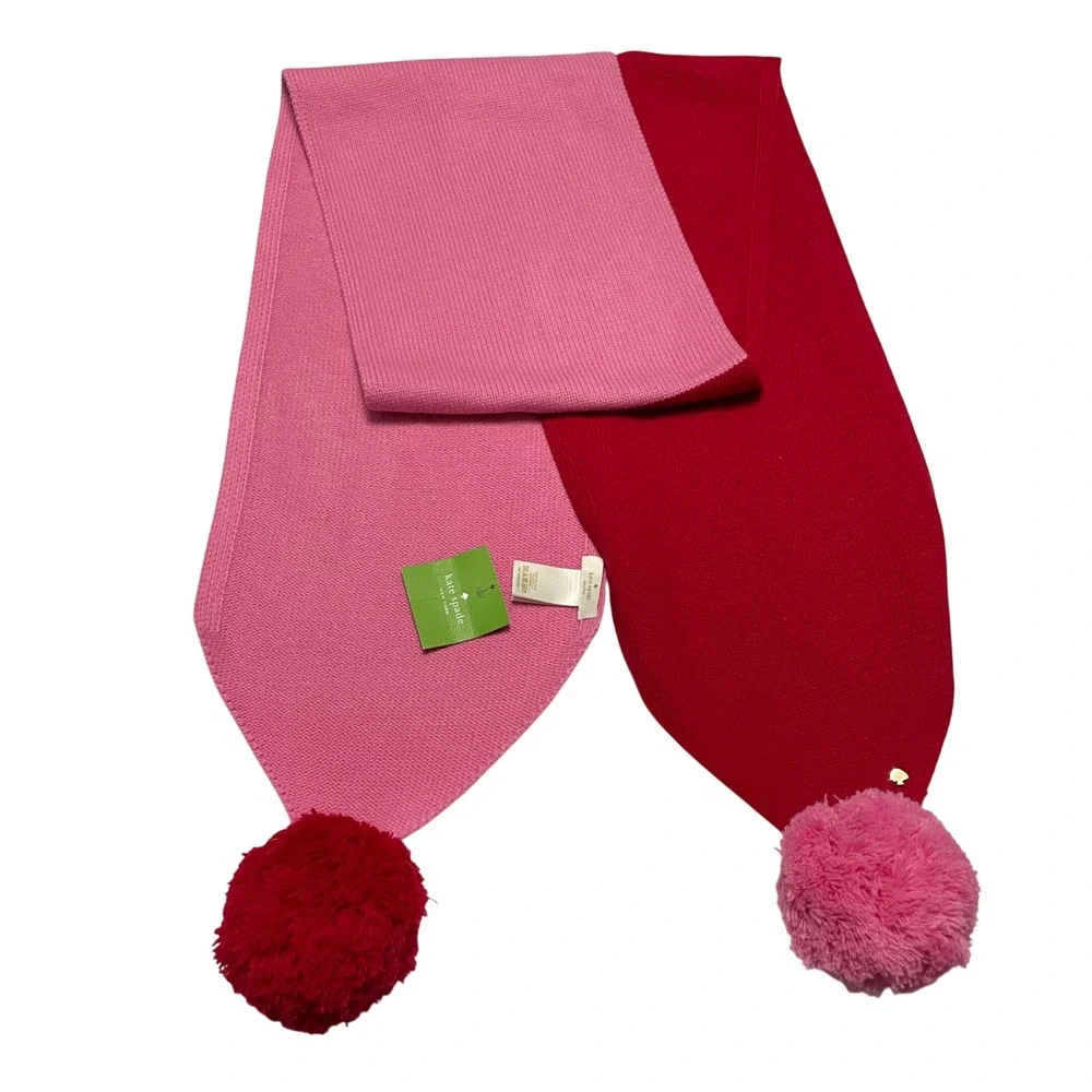 Kate Spade New York Colorblock Pom Pom Scarf Wool‎ Blend Knit Muffler Whimsy Fun